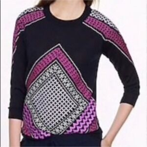 J.Crew Women's Merino Wool Sweater M Navy Geometric Artsy Boho Indie Pattern
